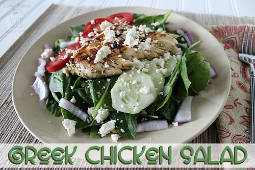 Greek Chicken Salad in bowl with fork.