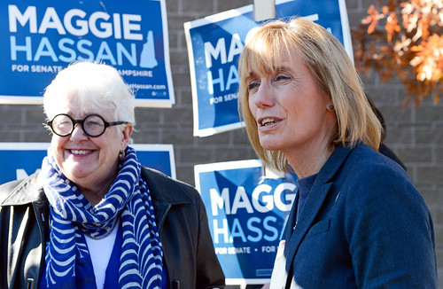 New Hampshire Gov. and U.S. Senate candidate Maggie Hassan, right, with State Rep. Martha Fuller Clark outside the polling station at Oyster River High School in Durham on election day