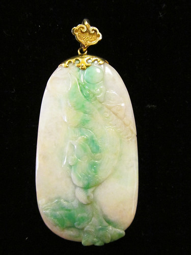 Ming's Large 3 Inch Green and White Jade Pendant