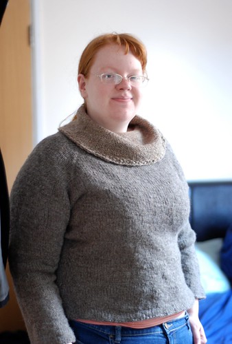 Handspun natural grey colored wool sweater with cowl neck