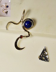 earring nugold,brass,Lapis lazuli10mm, carnelian3mm, nickelsilver before and after by Wolfgang Schweizer