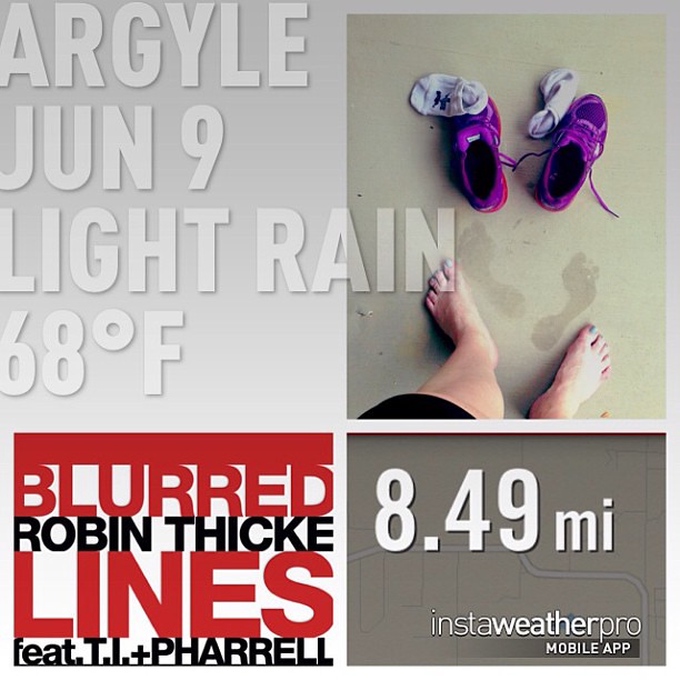 A soggy 8.5 miles... favorite song on my run... I have really high arches. #motherrunner #56milesinjune #mizunorunning