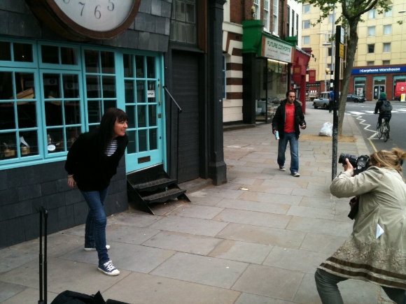 Frederique Cifuentes takes photographs of Diana Crawshaw outside 430 King's Road. Diana Crawshaw was one of the team behind the shop's incarnation as Paradise Garage in 1971.