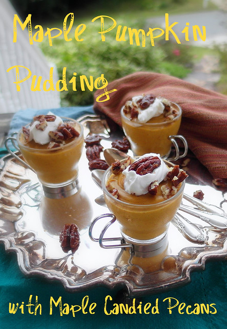 3 servings of Maple Pumpkin Pudding in glass coffee cups garnished with whipped cream and maple candied pecans. 