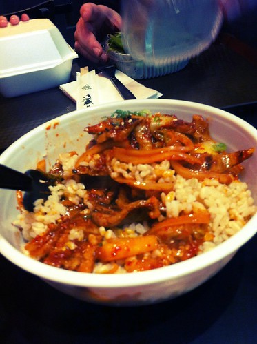 Spicy pork kimchi rice bowl.