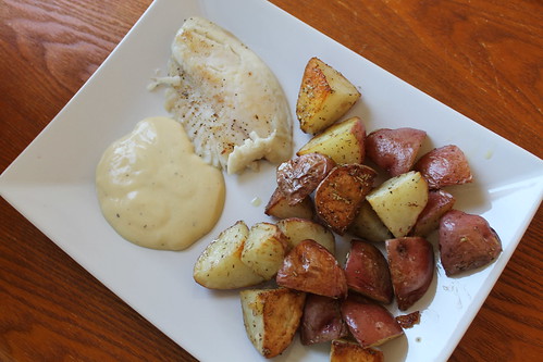 Seared tilapia with from-scratch aïoli and rosemary olive oil roasted new potatoes