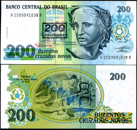 200 Cruzeiros Brazília 1990, pretlač Pick 225