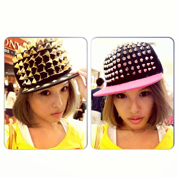 There two caps I was choosing. Which one's better? Tell me I made the right choice. #crossfingers #funky #caps #cap #funkycap #silly #craycray #cool #bling #studded #stud #fashion