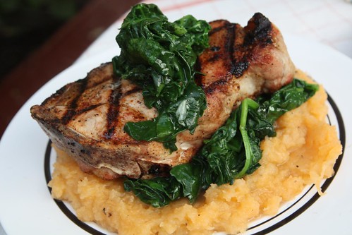 Grilled Pork Loin Chop with Mashed Rutabaga and Sauteed Spinach