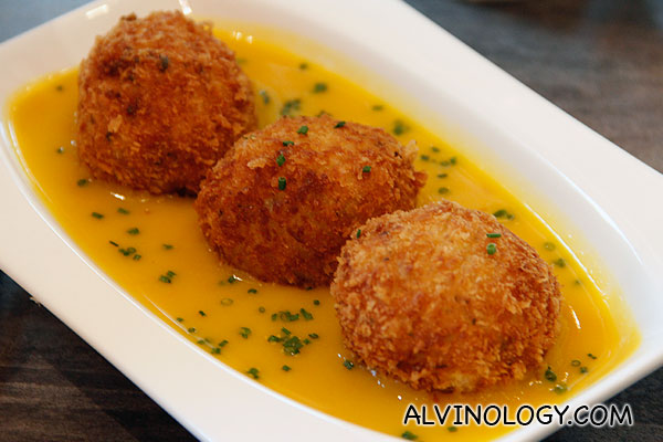 RISOTTO BALLS (Mozzarella-stuffed balls of risotto, breaded  in panko then deep fried and served over of rich pumpkin puree) - S$8.90