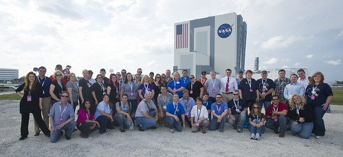 The attendees of the NASA Social on May 18-19, 2012, in front of the Vehicle Assembly Building at Kennedy Space Center