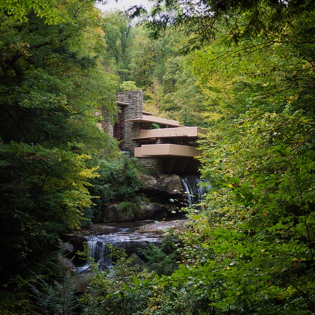 An iconic view of Fallingwater from a short distance down Bear Run.