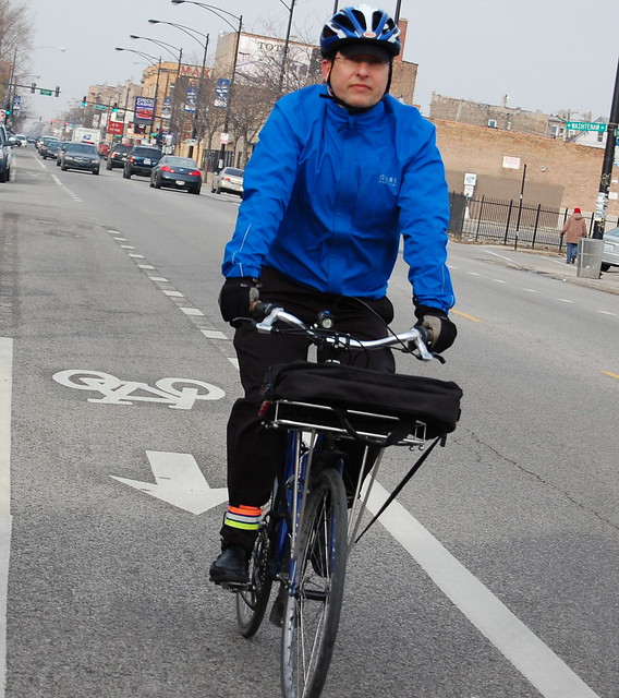 Brendan Kevenides biking on Milwaukee Avenue