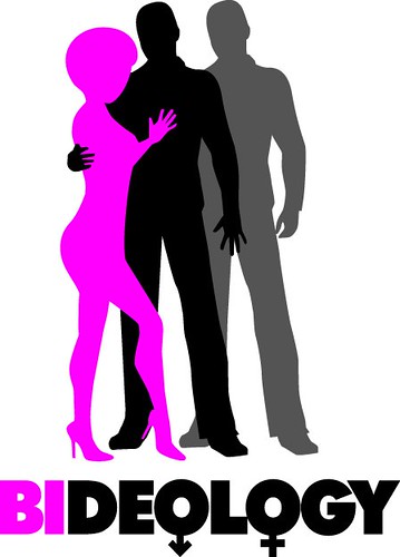 A pink silhouette of a woman has her arms around a black silhouette of a man. The man is touching both the woman and a grey silhouette of another man, standing behind him. The text at the bottom reads 