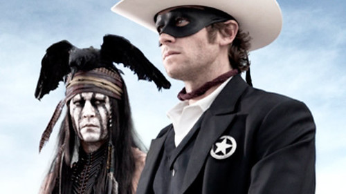 Johnny Depp, wearing KISS-like makeup as Tonto, and the Lone Ranger