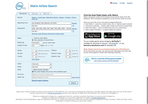 ITA Software Matrix Flight Planning and Fare Search Tool