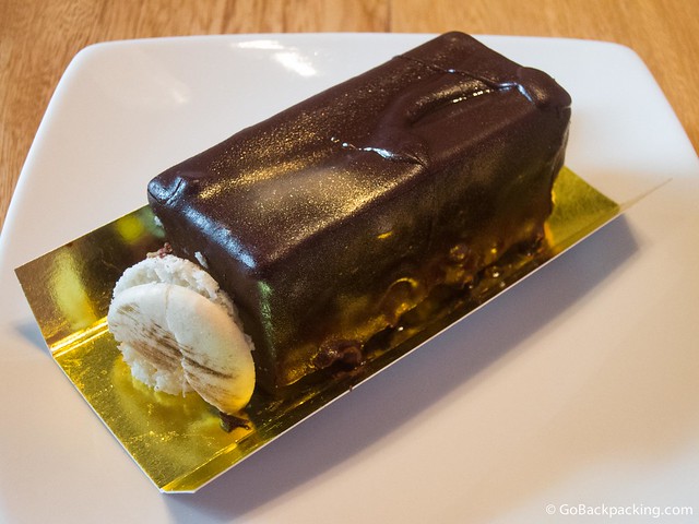 The Comte de Monte Cristo is a biscuit filled chocolate mousse, covers in a chocolate glaze
