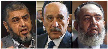 A combination photo shows (L-R) Muslim Brotherhood and the Freedom and Justice Party's (FJP) Khairat al-Shater on April 8, 2012, Vice President Omar Suleiman on February 6, 2011 and Salafist leader Hazem Salah Abu Ismail on December 15, 2011. by Pan-African News Wire File Photos