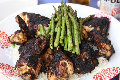 Grilled Chicken with Vidalia Onion and Cilantro, Asparagus, and Rice