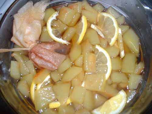 pickled watermelon rind day one -3- soaking with lemon