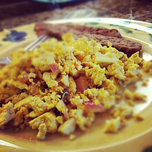 Belated mother's day breakfast of tofu scramble and tempeh bacon