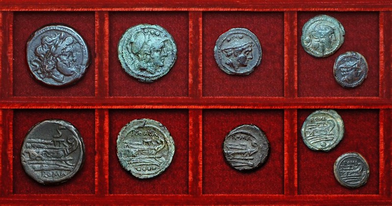RRC 056 anonymous semis, triens, sextans, McCabe group G2, RRC56 uncia, semuncia, McCabe group G1, Ahala collection, coins of the Roman Republic