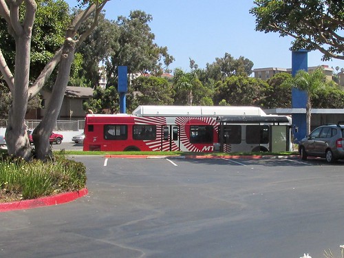 San Diego California MTS /  Metropolitan Transit system bus making a stop on Nimitz Boulevard in Point Loma California.  June 2013. by Eddie from Chicago