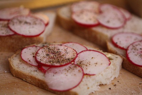 Rosemary Bread with Butter and Radish Slices