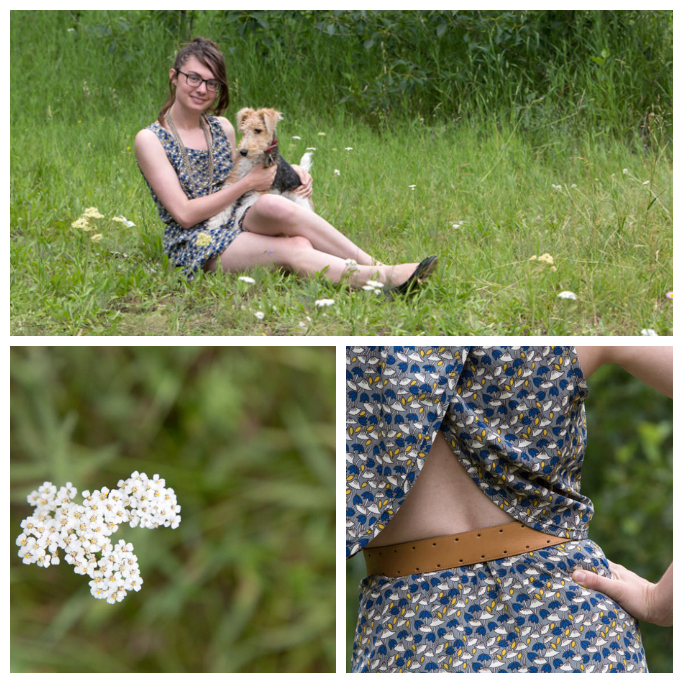 belt, chain necklace, cut-out, cut-out dress, blue dress, print dress, wire fox terrier, Never Fully Dressed, 