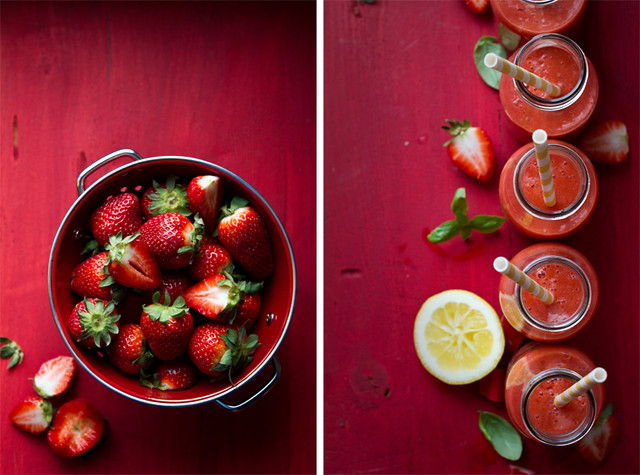 Strawberry-rhubarb-basil smoothie - Creative Still Life Photography