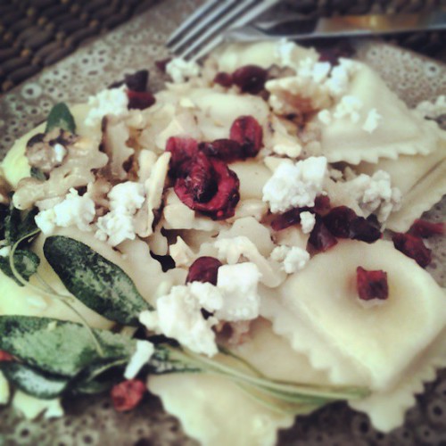 Ravioli with Sage Brown Butter Sauce, Cranberries  and Toasted Walnuts