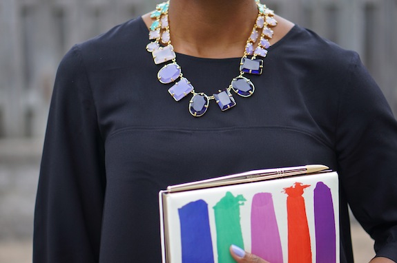 French Connection Summer Spells Blouse, Kate Spade Coated confetti small statement necklace, kate spade brushstroke clutch