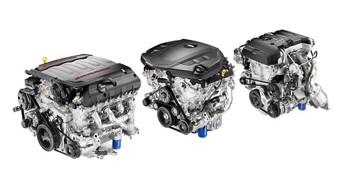 The all-new engine line up for Camaro features (left to right) the Small Block 6.2L V8 LT1, an all-new 3.6L V6 and an Ecotec 2.0L Turbocharged four cylinder.  All three engines feature a direct injection fuel system and continuously variable valve timing.
