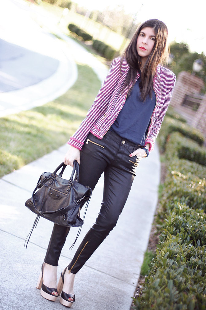Zara blazer, Leather leggings, Balenciaga classic City bag, Fashion
