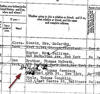 Lizzie Jennings Ellis Island record - handwriting in question