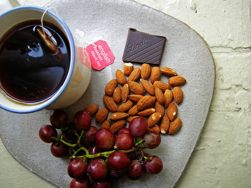 black tea, chocolate, almonds, and grapes