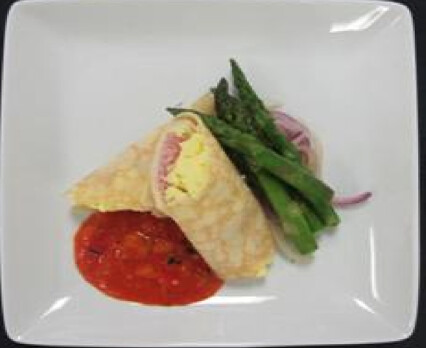 Ham & Swiss Crepes with Red Pepper Sauce, Asparagus, New Mexico Sausage