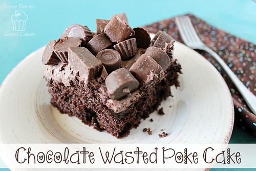Chocolate Wasted Poke Cake piece on plate with a fork.