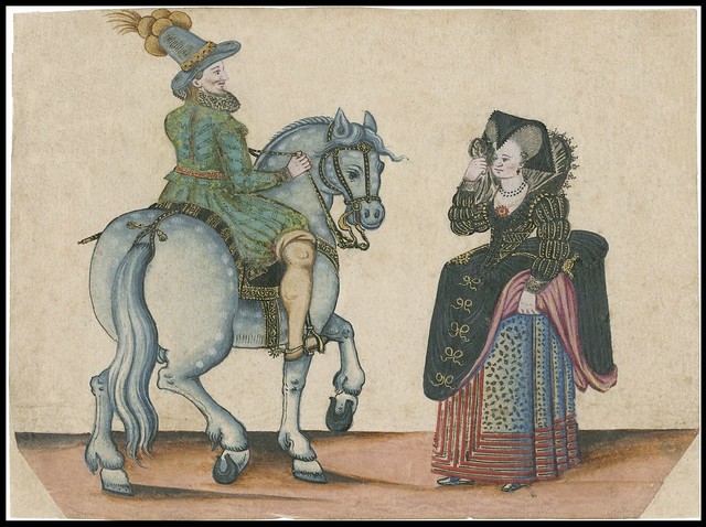 Jacobean era: nobleman on horse near well-dressed noblewoman walking
