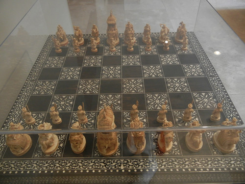 DSCN7652 _ Chess Set, c. 1850, Ivory pieces, wood board inlaid with ivory, India: Delhi region, 1825-1875, Norton Simon Museum, July 2013