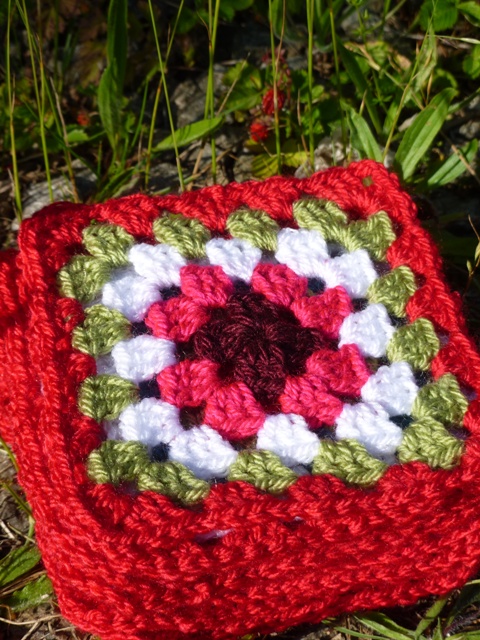 The stack of Granny Squares is growing steadily and matches the wild strawberries on the drive!