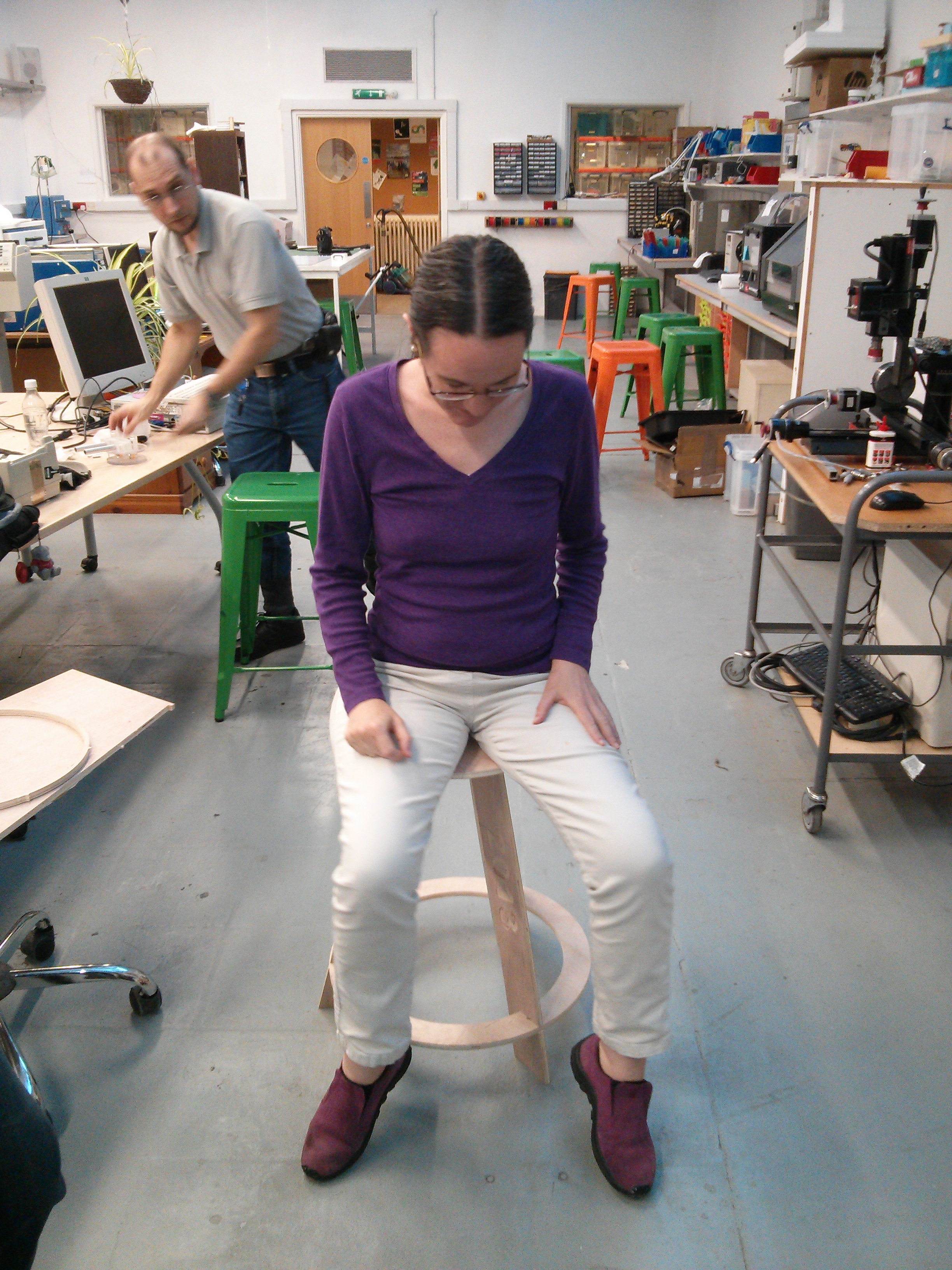 Anne Harrison volunteering to try the wobbly stool of doom