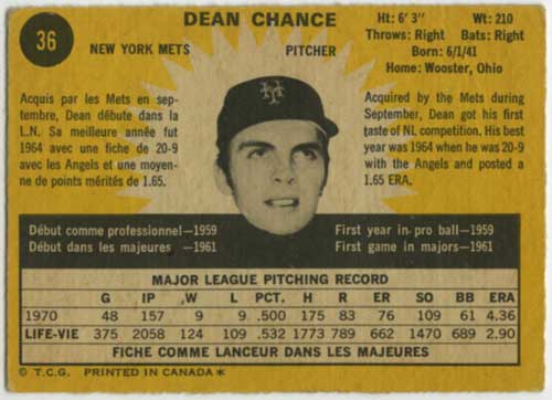 1971 O-Pee-Chee Dean Chance back