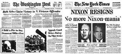 역사_닉슨대통령을 사임시킨 워터게이트사건을 최초로 보도한 워싱턴포스트 1면_최초보도와 닉슨 하야 보도_1972년 7월 18일(좌)1974년 8월 10일(우)