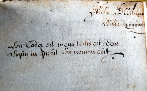 Ownership inscription in Bindo de Senis: Aurea Biblia, sive Repertorium aureum Bibliorum