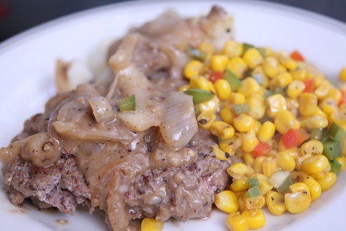 Ground Sirloin with Onion Gravy, Corn, and Mashed Potatoes