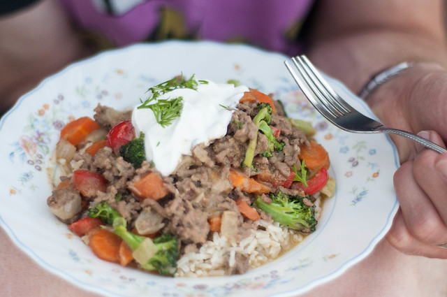 thai coconut mince with rice and veges