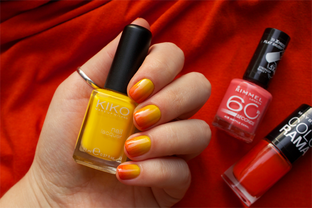 04 gradient nails kiko 279 yellow + rimmel instyle coral + colorama 155