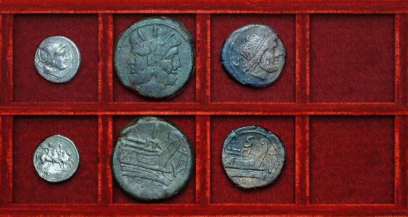 RRC 050 anchor denarius, as, and semis, Ahala collection, coins of the Roman Republic