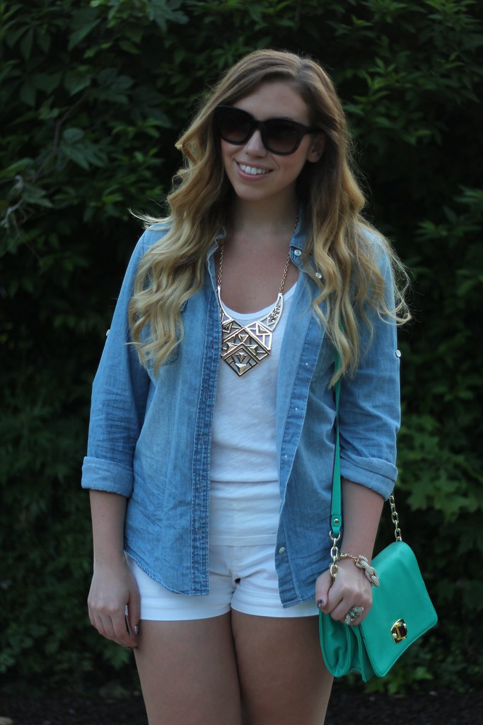 Living After Midnite: Jackie Giardina: Outdoor Party Outfit Style: White Shorts, JCrew Chambray Shirt